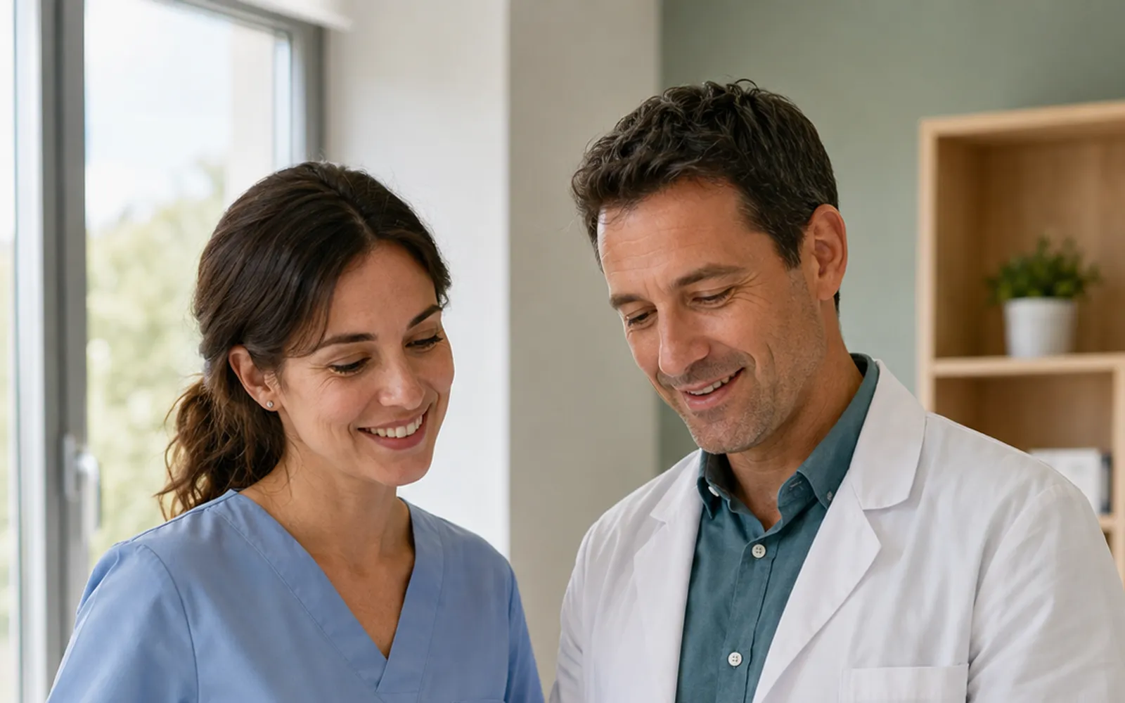 Illustration de deux médecins échangeant au cabinet.