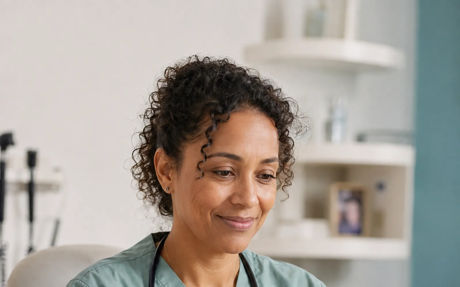 Portrait illustré d’une médecin dans son espace de travail.