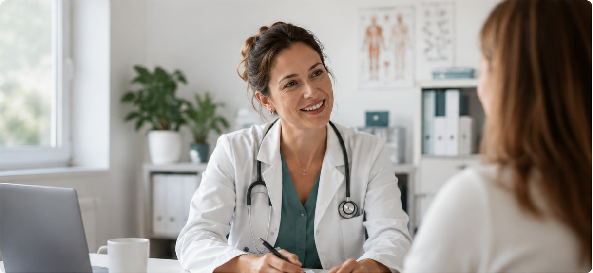 Médecin généraliste échangeant avec une patiente dans son cabinet