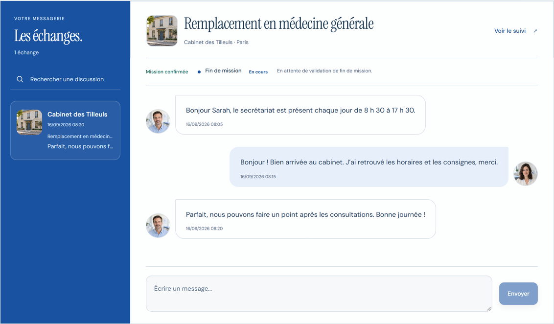 Messagerie MédiLink : conversation avec le cabinet et avancement du remplacement.